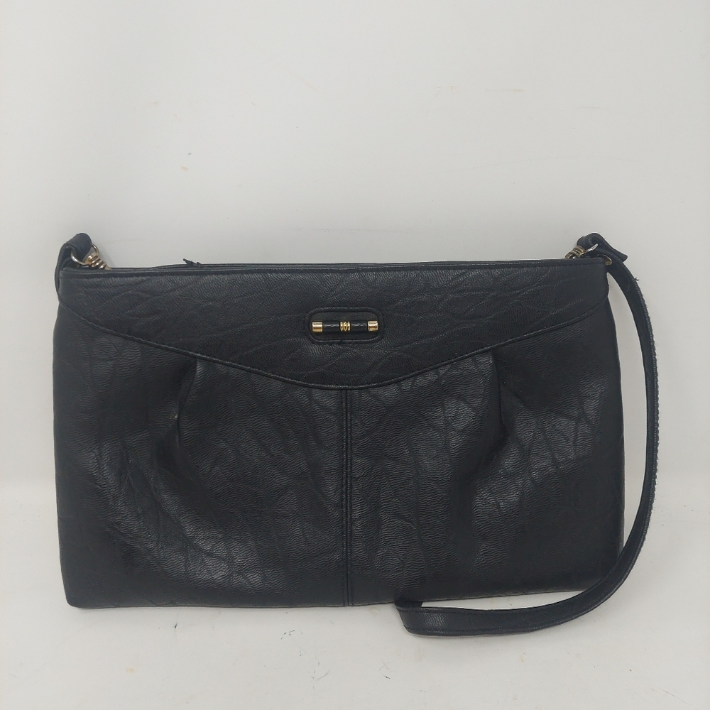 Black Faux Leather Pleated Clutch Evening Bag Detachable Crossbody Strap Handbag